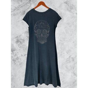 AROMA Sugar Skull Back Design Dress Boho Hipster Charcoal Gray Cotton Maxi